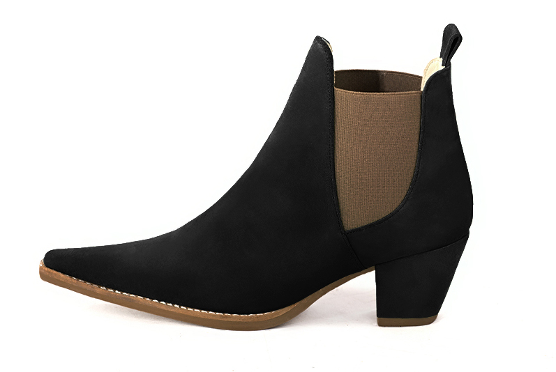 Matt black and taupe brown women's ankle boots, with elastics. Pointed toe. Medium cone heels. Profile view - Florence KOOIJMAN